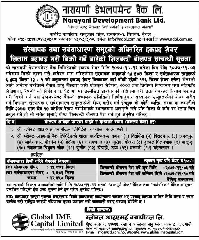 1615761121 2 नारायणी डेभलपमेण्ट बैंकको शेयर लिलामीमा , न्यूनतम रु१०० मा आवेदन दिन मिल्ने