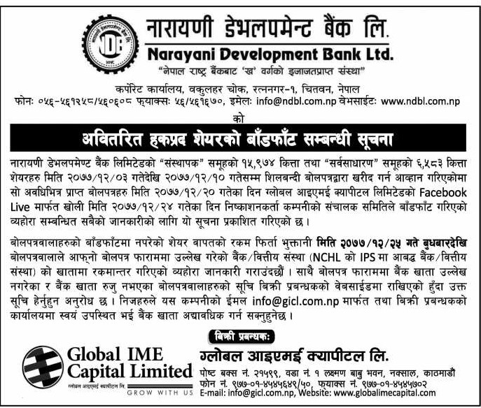 नारायणी डेभलपमेण्ट बैंक शेयरको बाँडफाँट