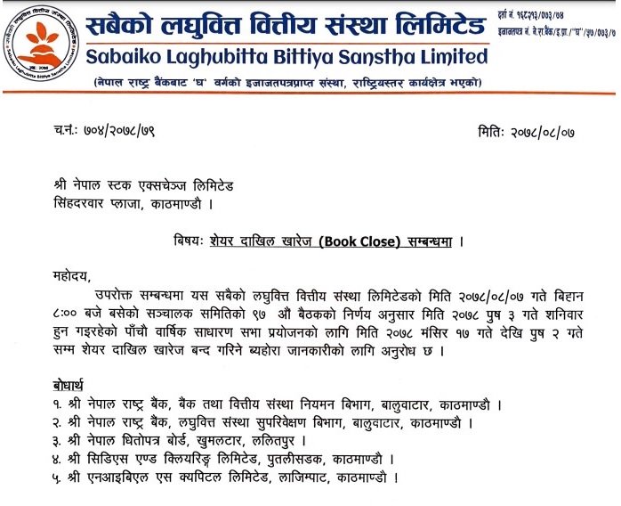 sabaiko laghubitta सबैको लघुवित्तको साधारणसभा ३ पुसमा , ३२ दशमलव ६८ प्रतिशत लाभांशको लागि बुक क्लोज कहिले ?